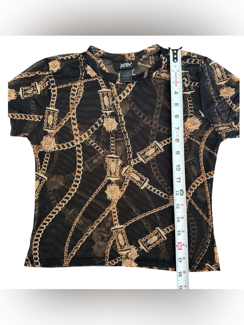 Just Polly Black Chain Print Sheer Mesh Cropped Baby Tee Y2K It Girl Small - Picture 4 of 5